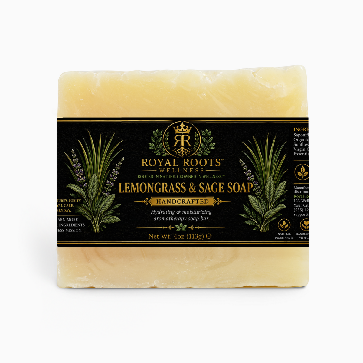 🌿 Royal Roots™ Lemongrass & Sage Handcrafted Soap — Hydrating & Moisturizing Aromatherapy Bar — 4 oz