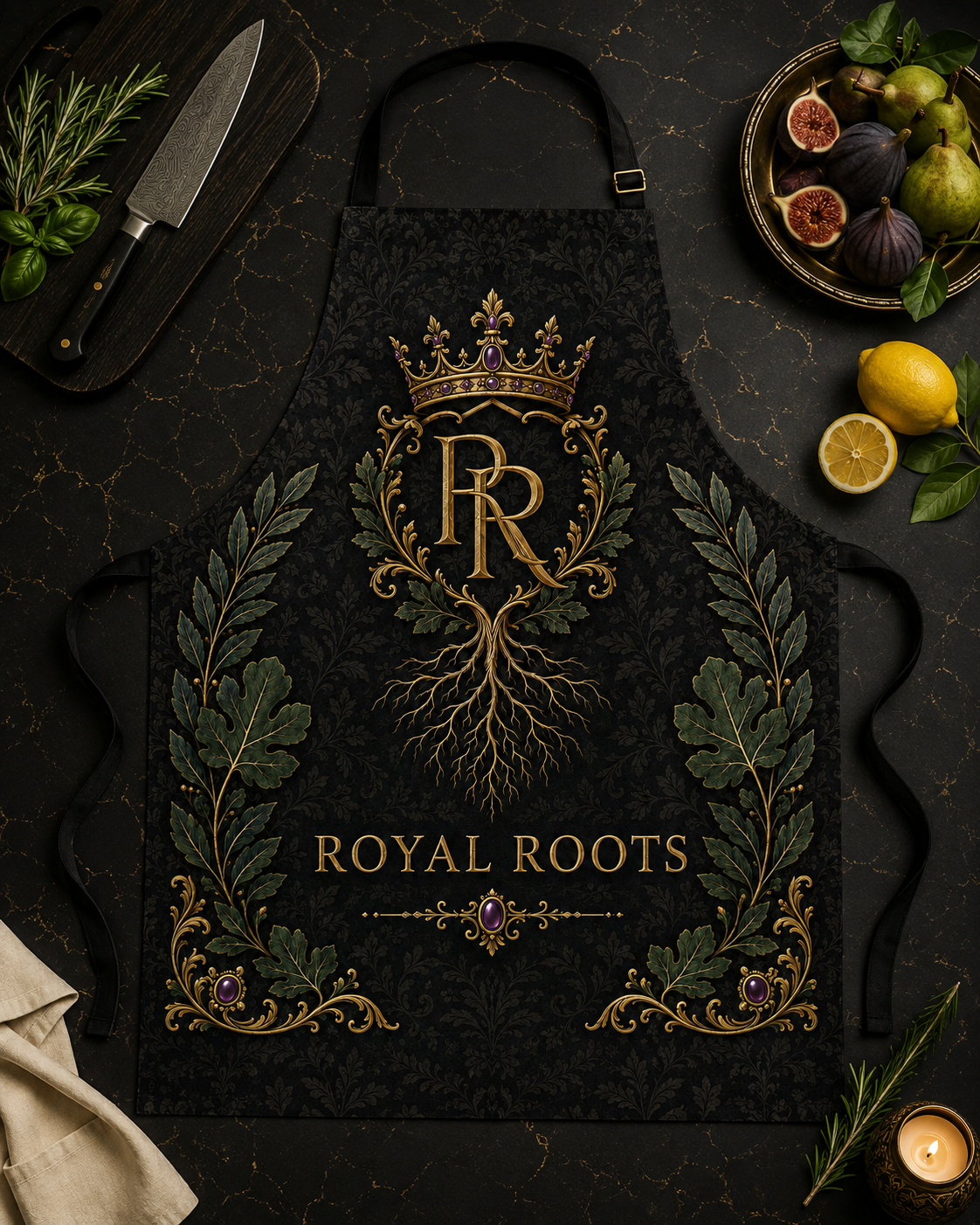 👑 Royal Roots™ Botanical Crown Estate Luxury Apron — Black, Gold & Emerald All-Over Print Apron