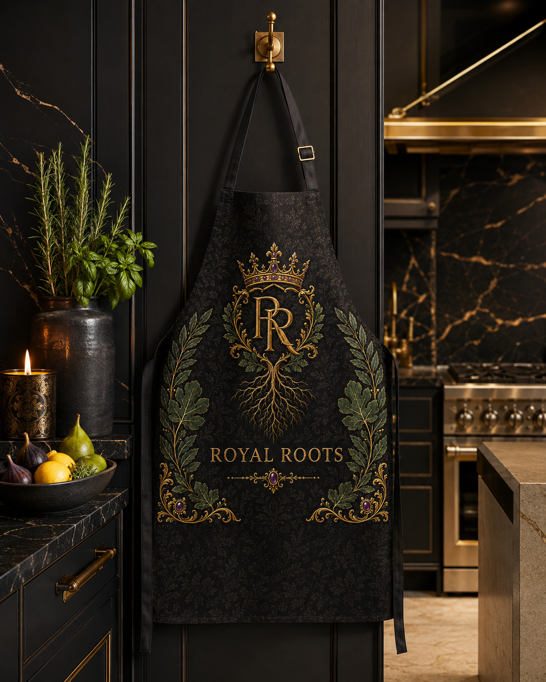 👑 Royal Roots™ Botanical Crown Estate Luxury Apron — Black, Gold & Emerald All-Over Print Apron