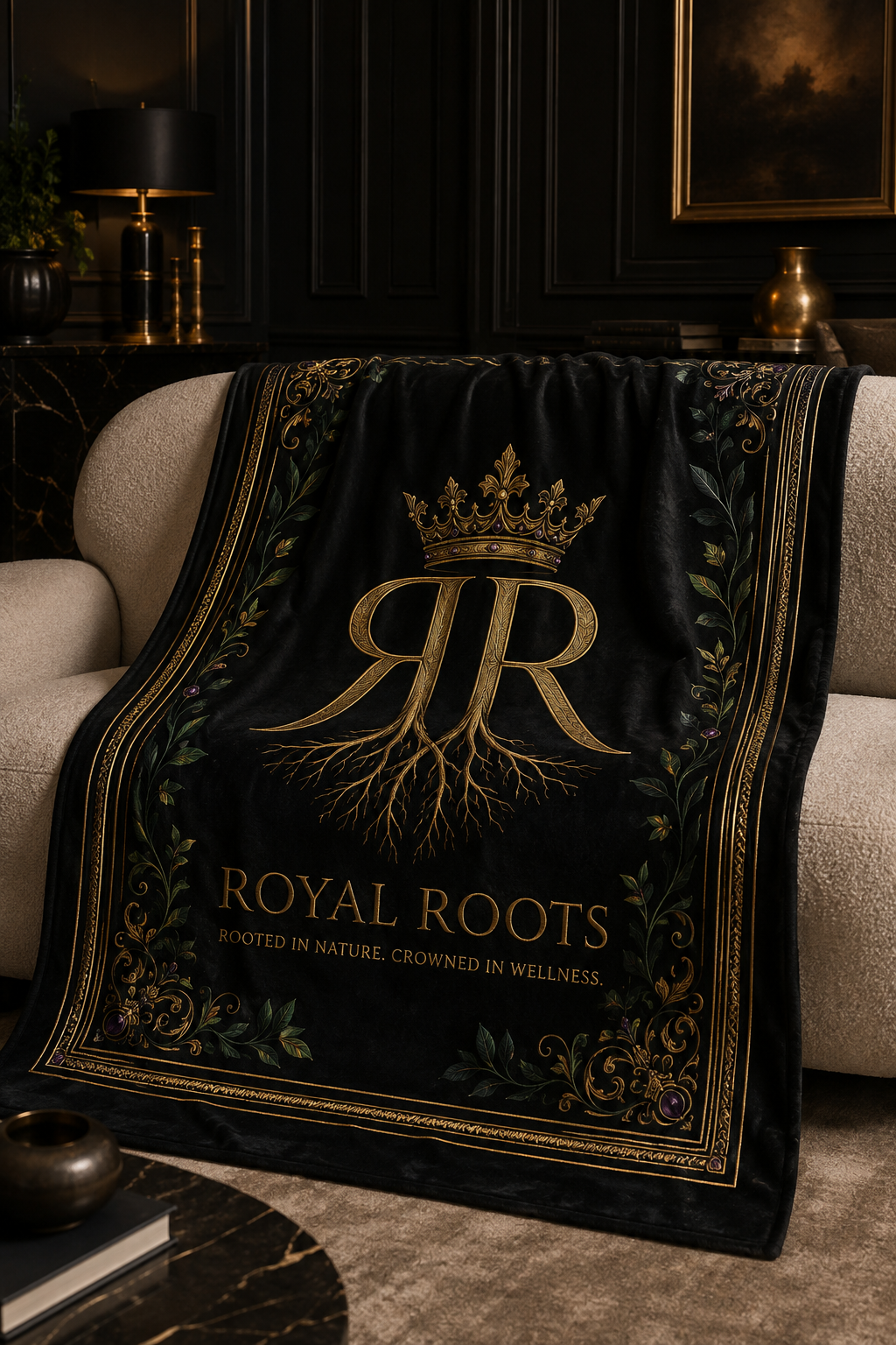 👑Royal Roots™ Crowned Heritage Luxury Throw Blanket — Black, Gold &amp; Botanical Statement Blanket