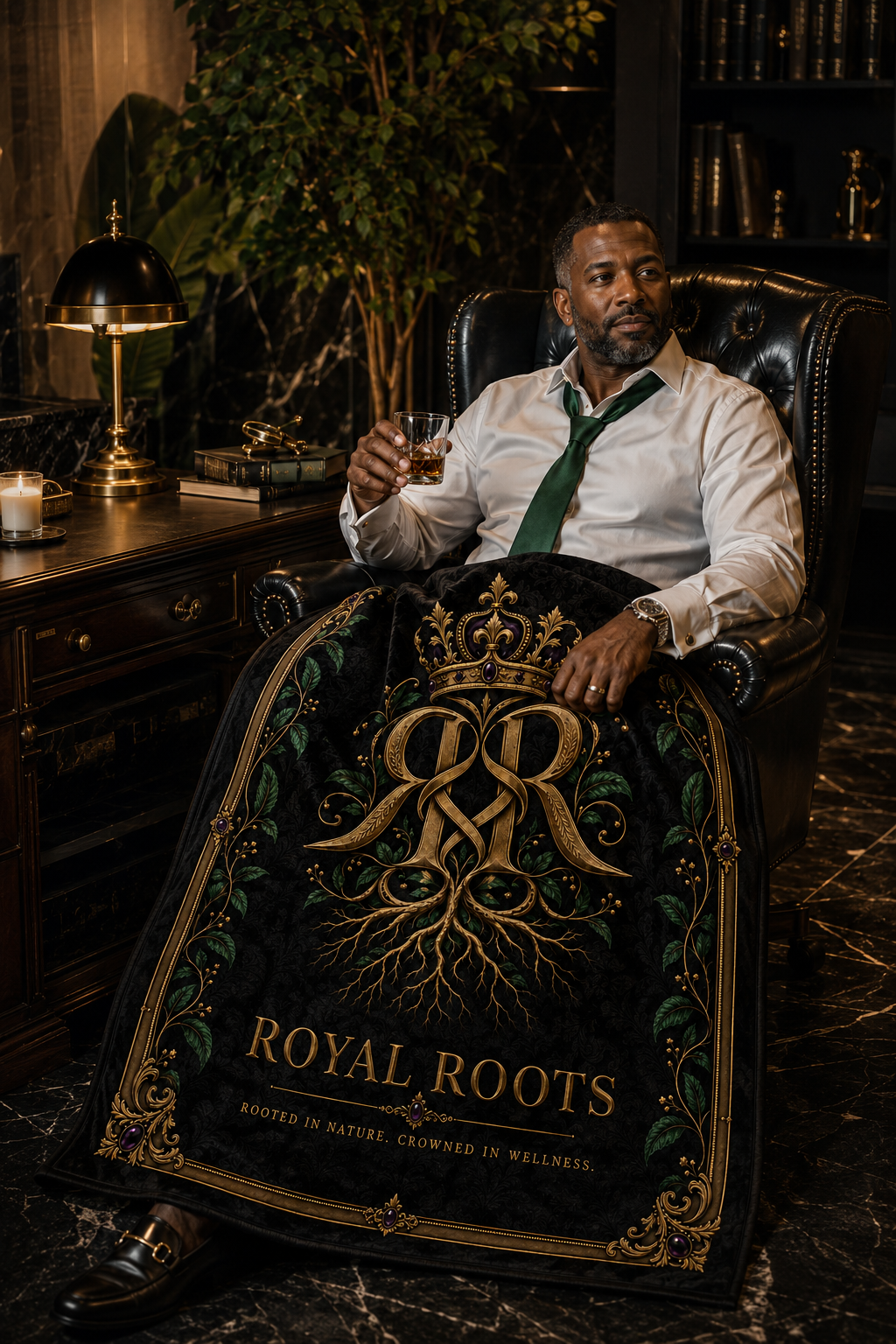 👑Royal Roots™ Crowned Heritage Luxury Throw Blanket — Black, Gold & Botanical Statement Blanket