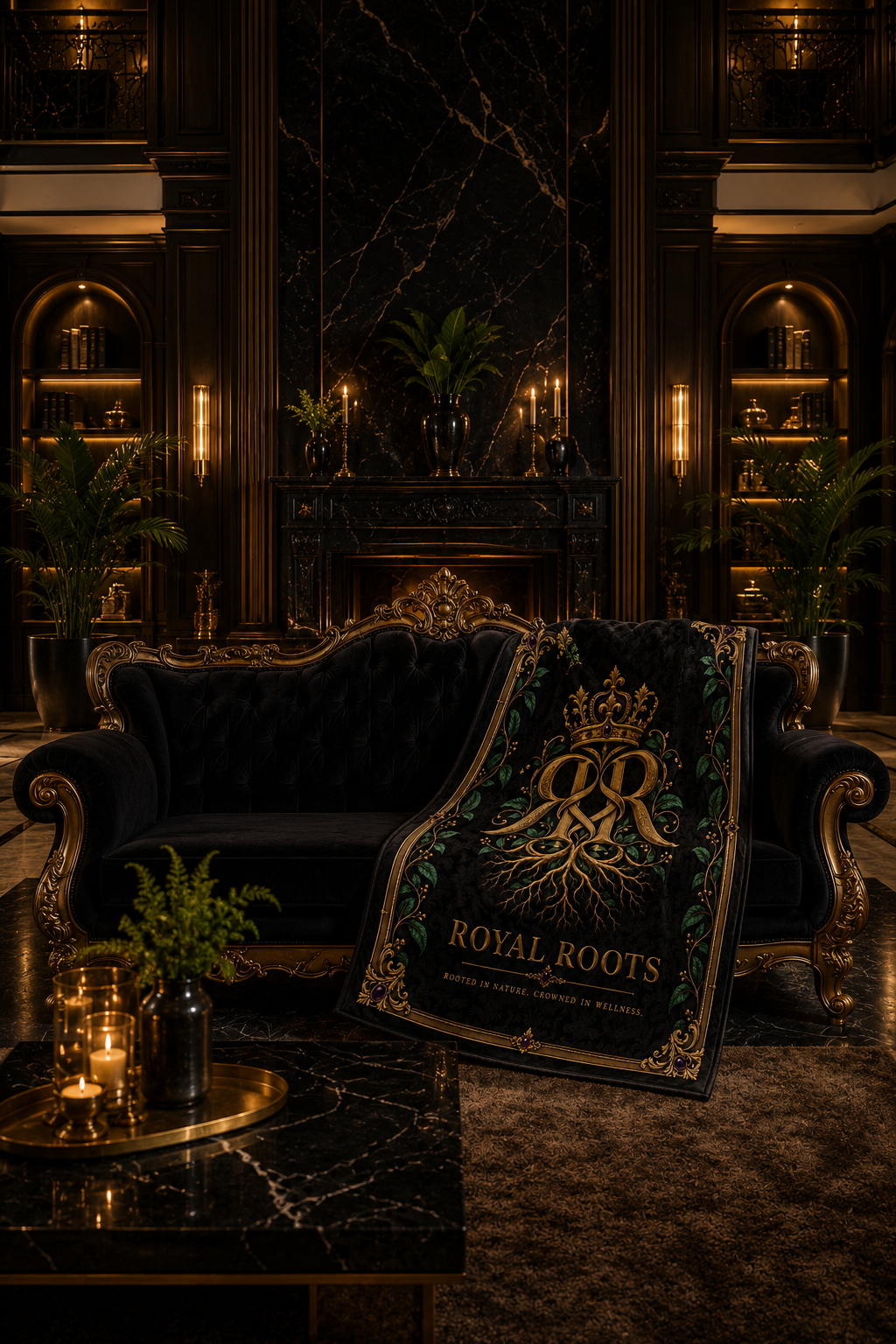 👑Royal Roots™ Crowned Heritage Luxury Throw Blanket — Black, Gold & Botanical Statement Blanket