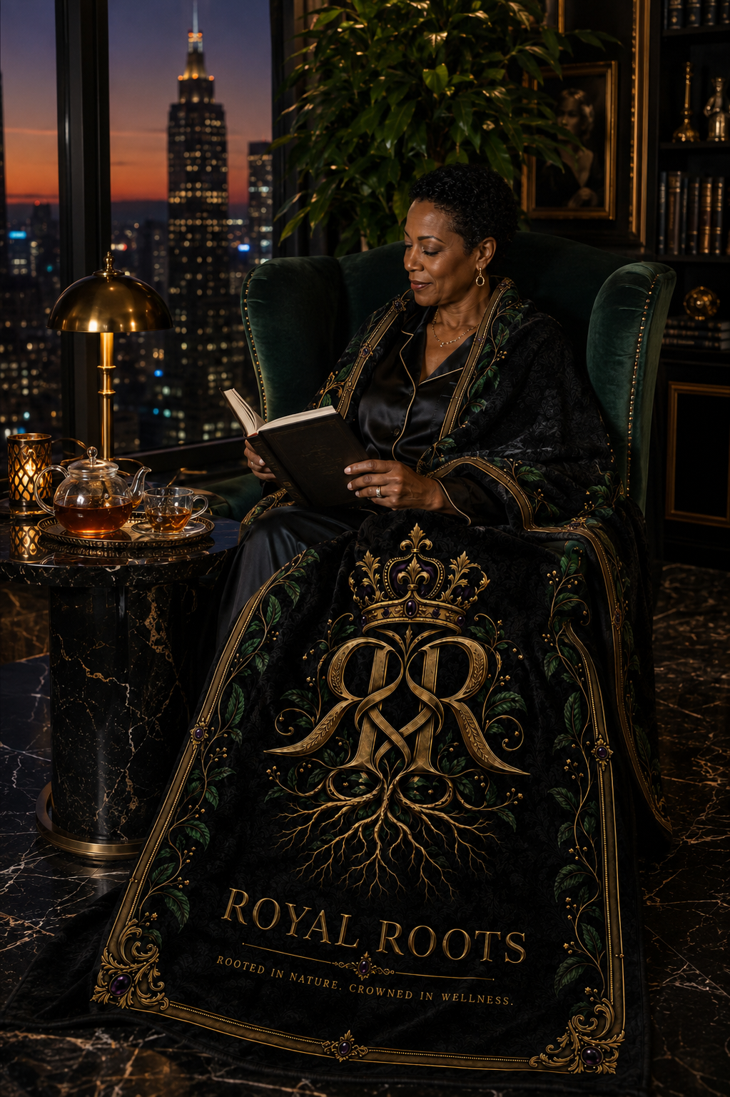 👑Royal Roots™ Crowned Heritage Luxury Throw Blanket — Black, Gold & Botanical Statement Blanket
