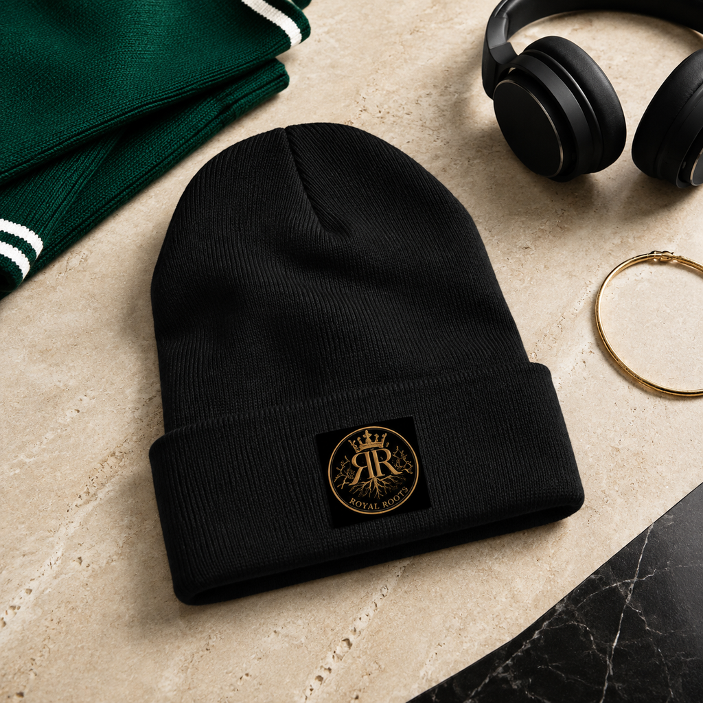 🧢 Royal Roots™ ROOTED CROWN™ Cuffed Beanie — Black 12-Inch Unisex Knit Beanie