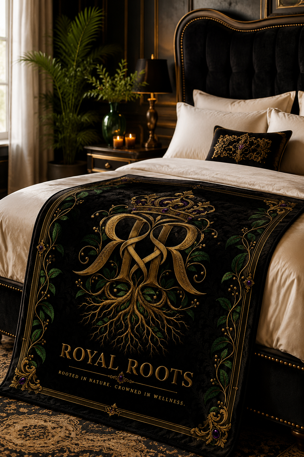 👑Royal Roots™ Crowned Heritage Luxury Throw Blanket — Black, Gold & Botanical Statement Blanket