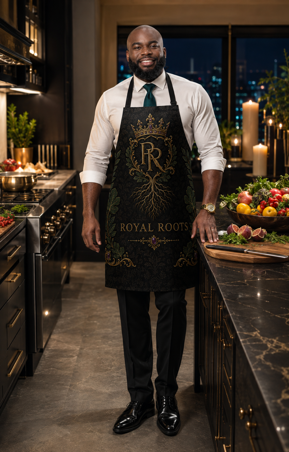👑 Royal Roots™ Botanical Crown Estate Luxury Apron — Black, Gold & Emerald All-Over Print Apron