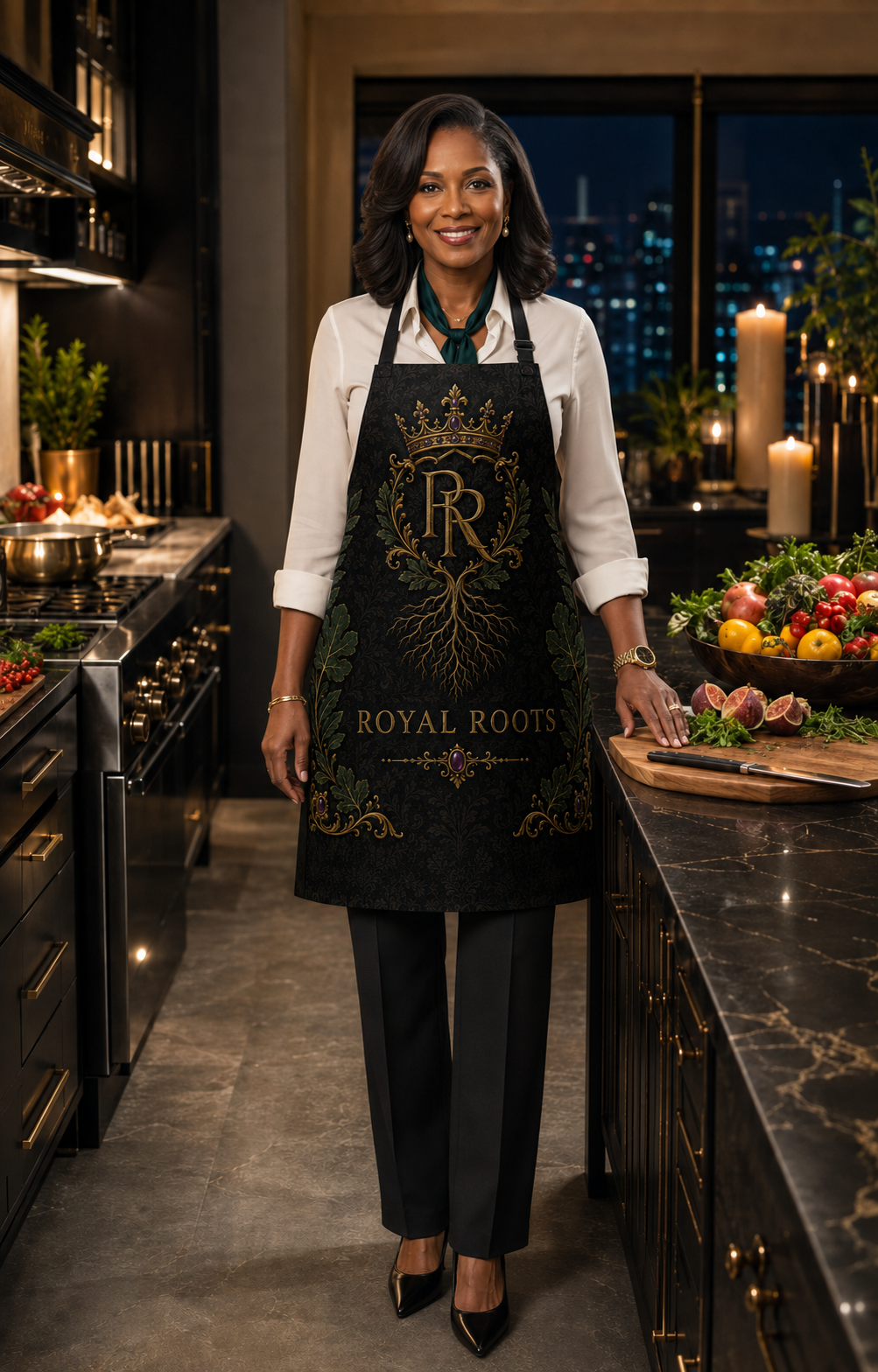 👑 Royal Roots™ Botanical Crown Estate Luxury Apron — Black, Gold & Emerald All-Over Print Apron