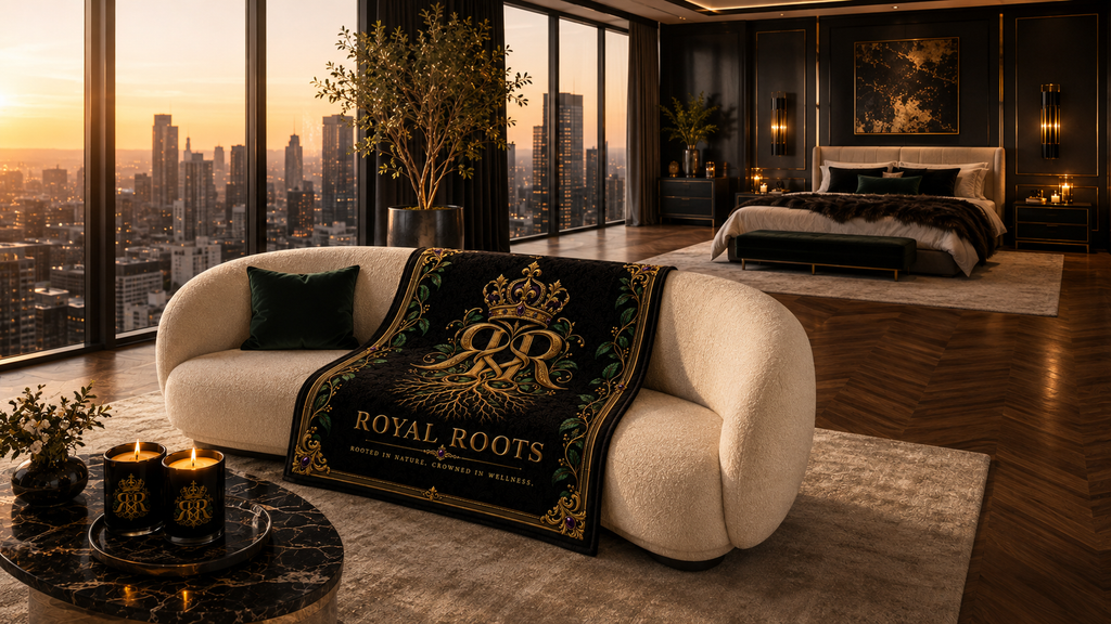 👑Royal Roots™ Crowned Heritage Luxury Throw Blanket — Black, Gold & Botanical Statement Blanket