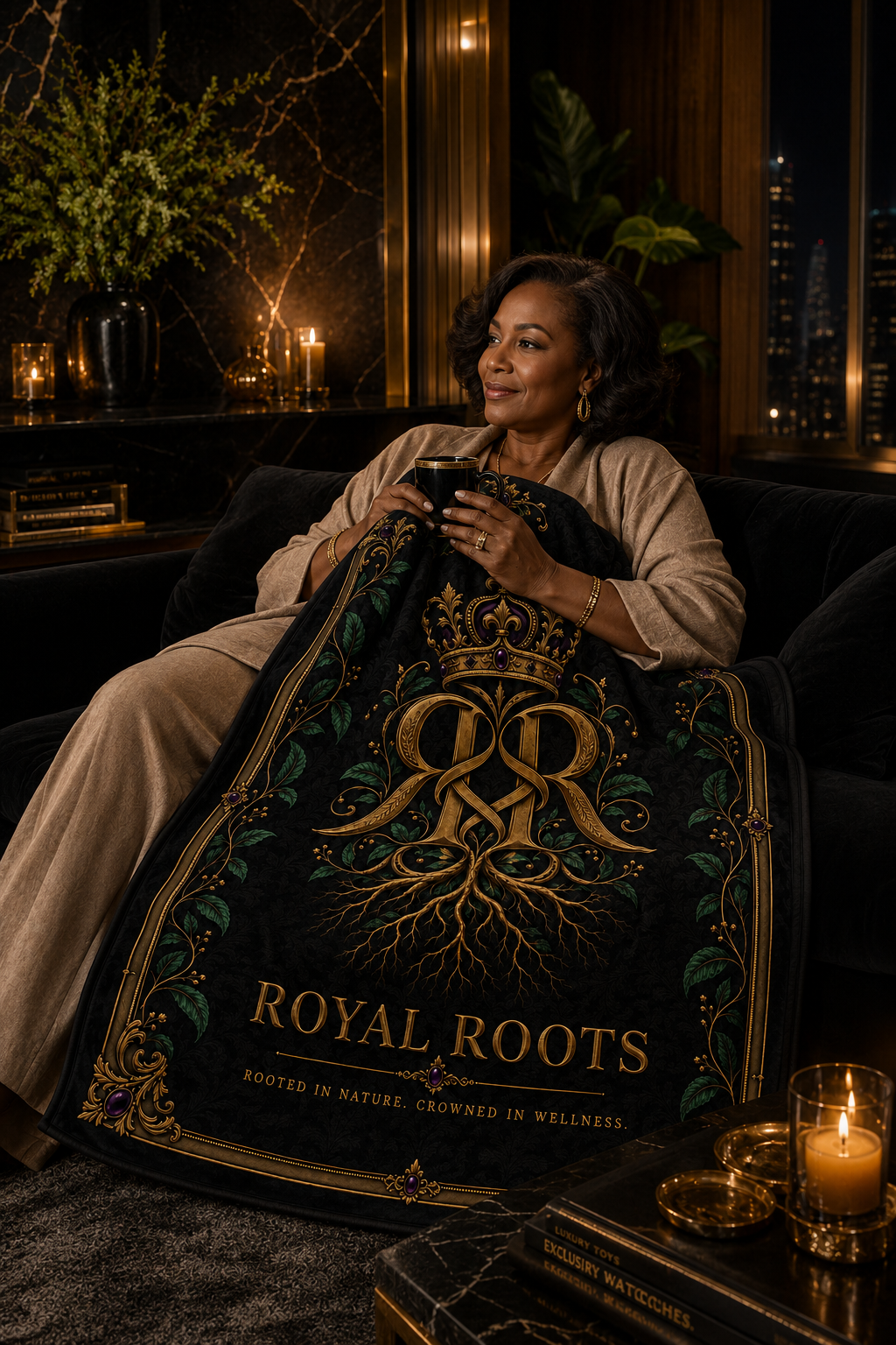 👑Royal Roots™ Crowned Heritage Luxury Throw Blanket — Black, Gold & Botanical Statement Blanket
