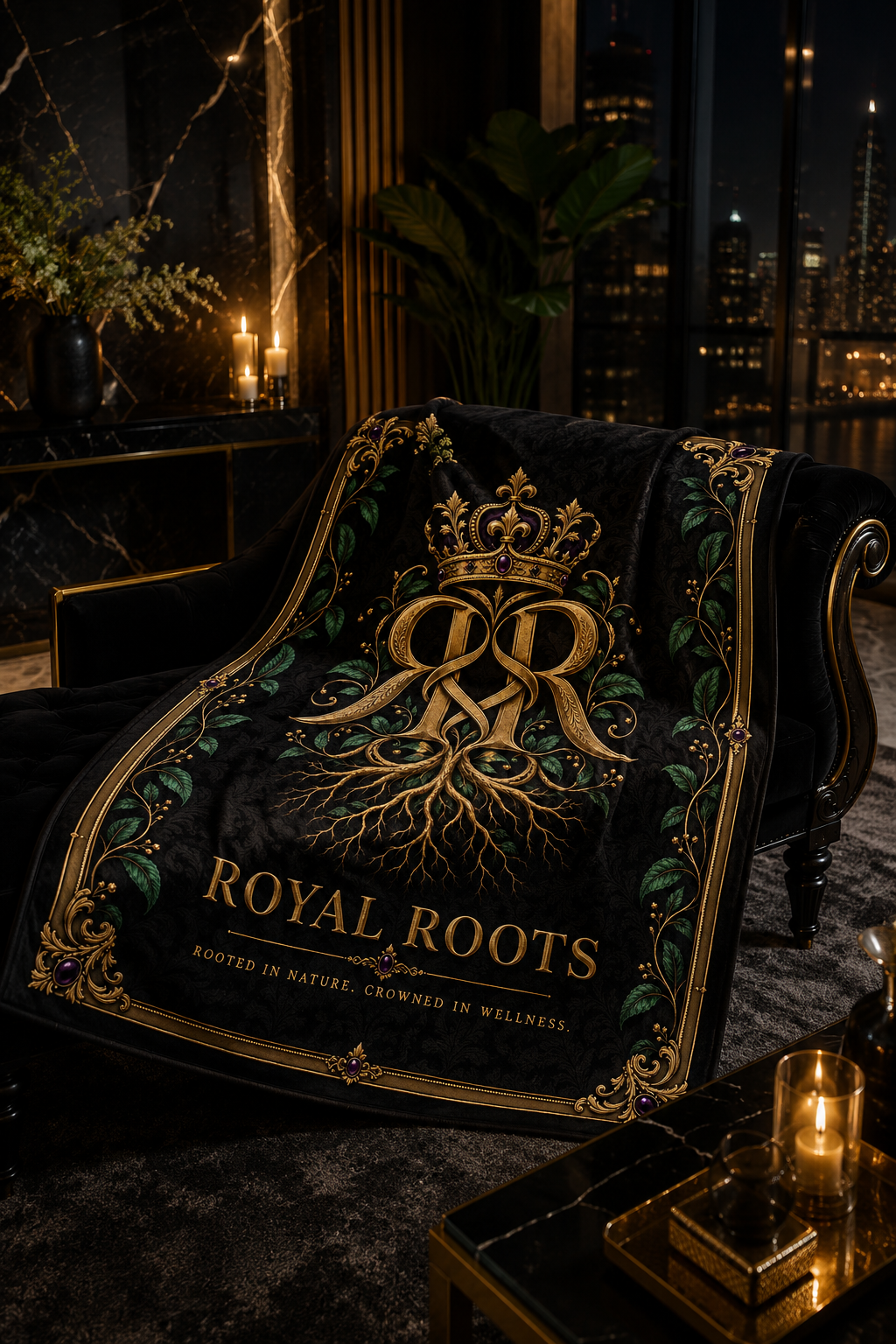 👑Royal Roots™ Crowned Heritage Luxury Throw Blanket — Black, Gold & Botanical Statement Blanket