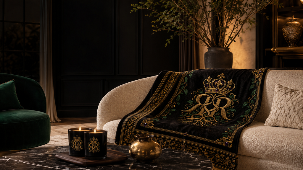 👑Royal Roots™ Crowned Heritage Luxury Throw Blanket — Black, Gold &amp; Botanical Statement Blanket