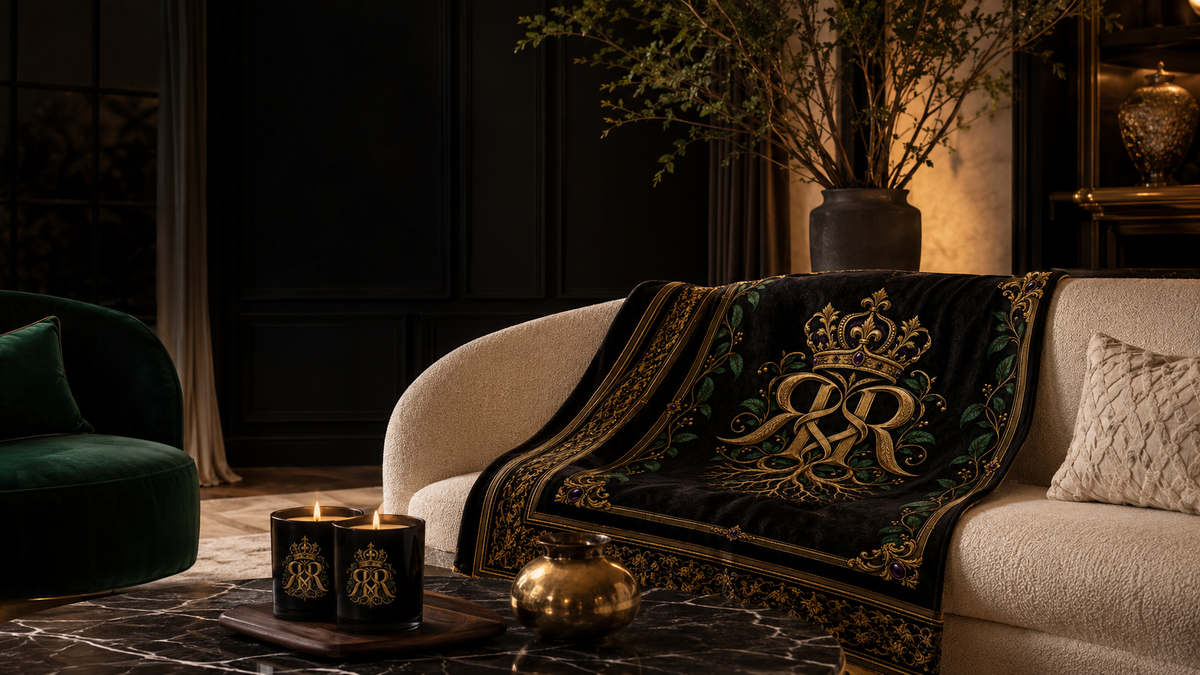 👑Royal Roots™ Crowned Heritage Luxury Throw Blanket — Black, Gold & Botanical Statement Blanket