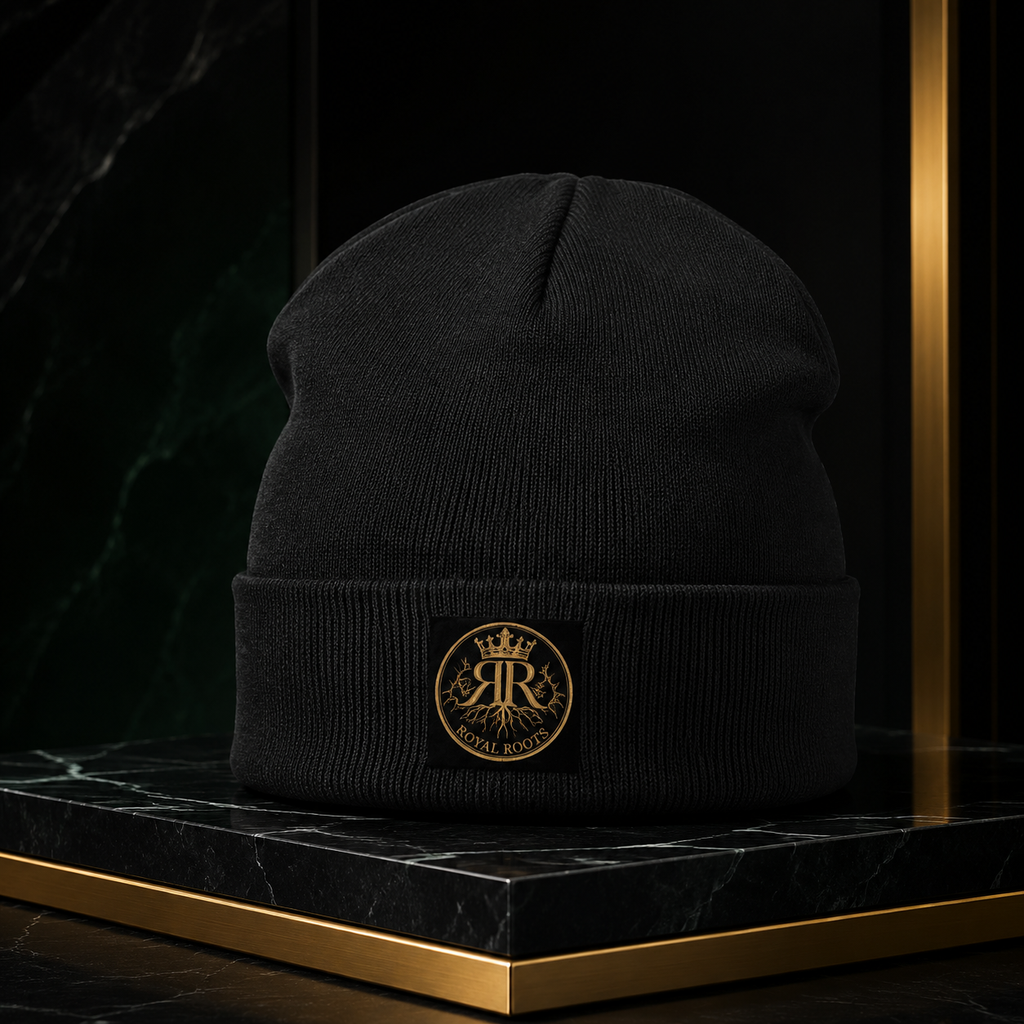 🧢 Royal Roots™ CROWNED COMFORT™ Embroidered Beanie — Black Cotton-Blend Cuffed Knit Hat