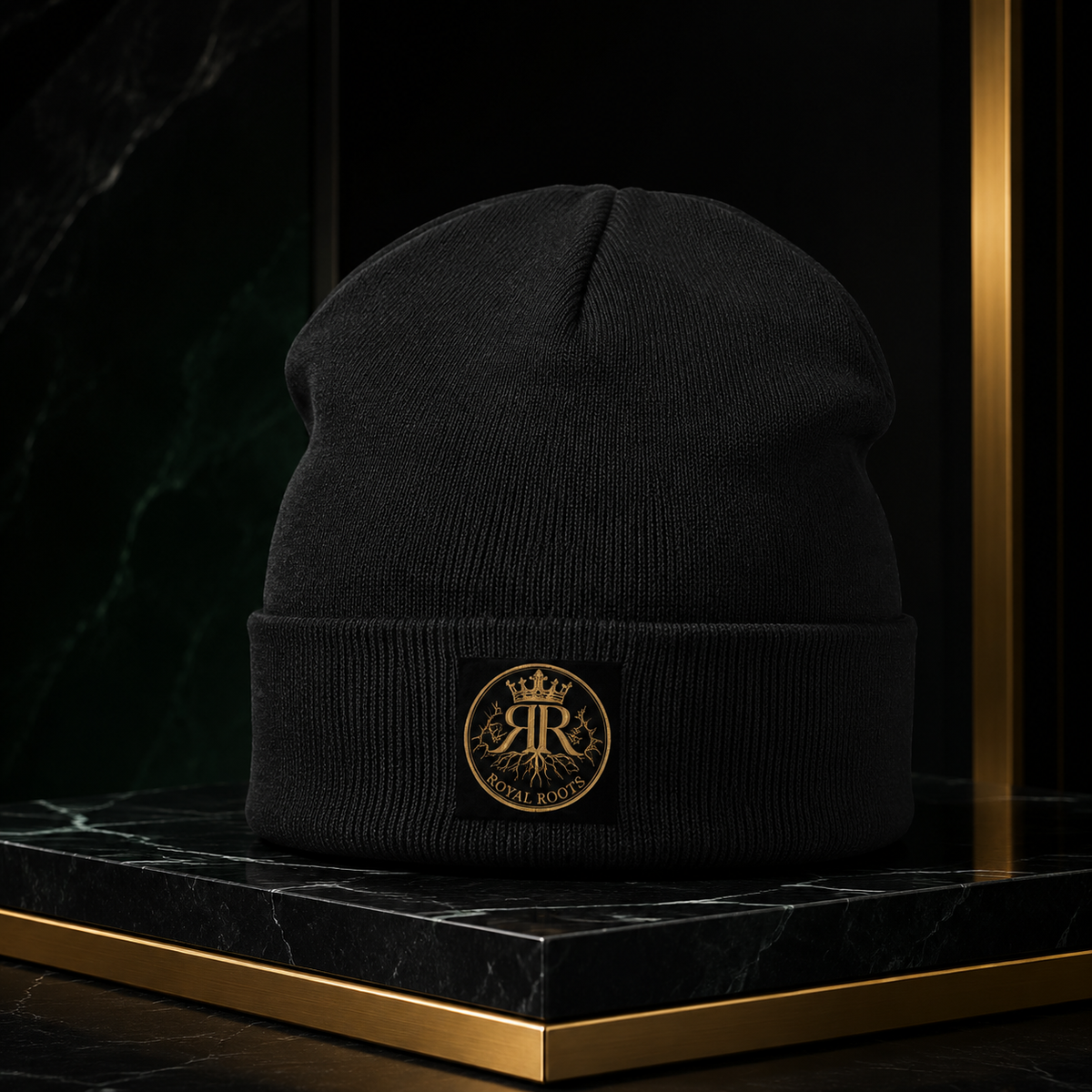 🧢 Royal Roots™ CROWNED COMFORT™ Embroidered Beanie — Black Cotton-Blend Cuffed Knit Hat