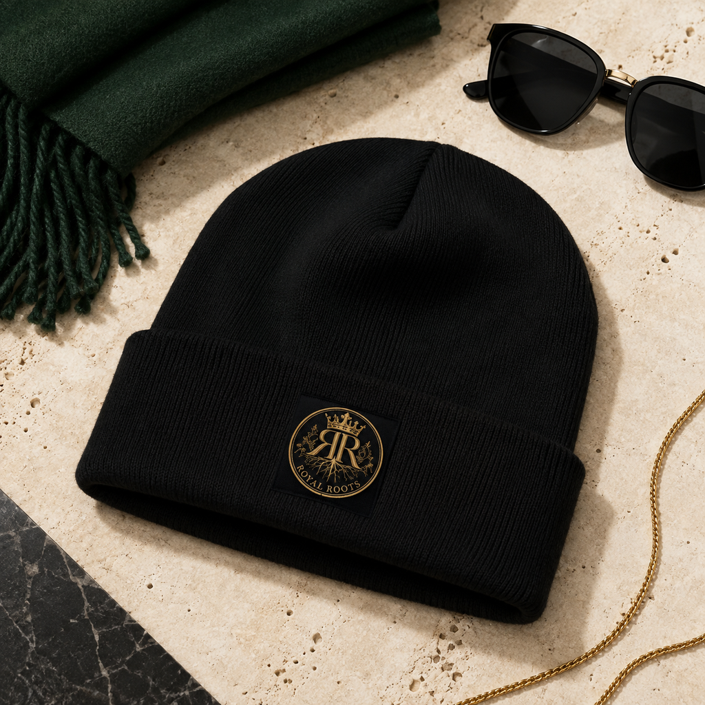🧢 Royal Roots™ CROWNED COMFORT™ Embroidered Beanie — Black Cotton-Blend Cuffed Knit Hat