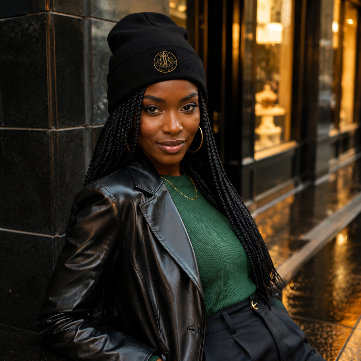 🧢 Royal Roots™ CROWNED COMFORT™ Embroidered Beanie — Black Cotton-Blend Cuffed Knit Hat