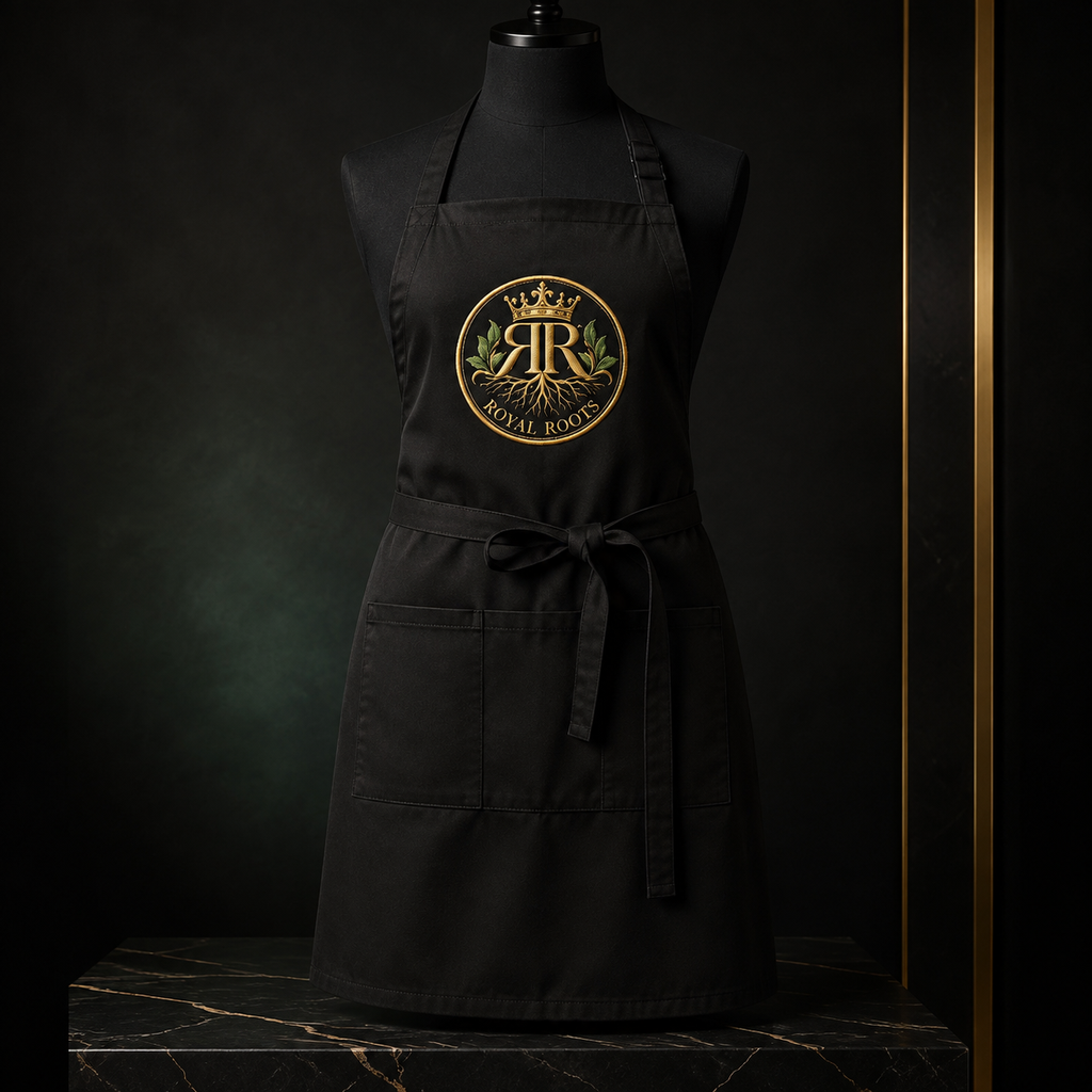 👑 Royal Roots™ Wellness Signature Embroidered Apron — Adjustable Luxury Kitchen Apron with Pockets