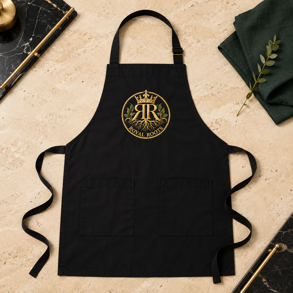👑 Royal Roots™ Wellness Signature Embroidered Apron — Adjustable Luxury Kitchen Apron with Pockets