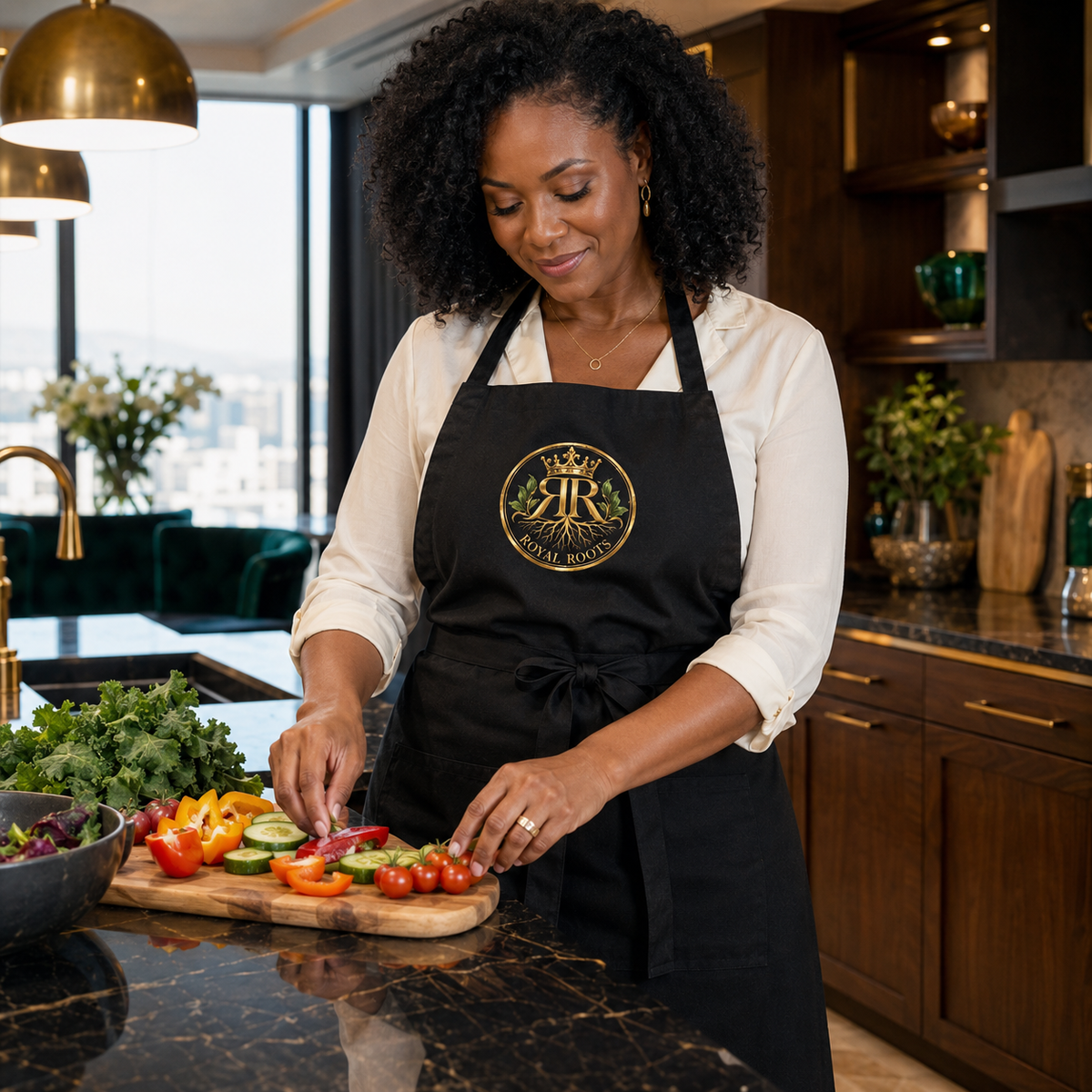 👑 Royal Roots™ Wellness Signature Embroidered Apron — Adjustable Luxury Kitchen Apron with Pockets