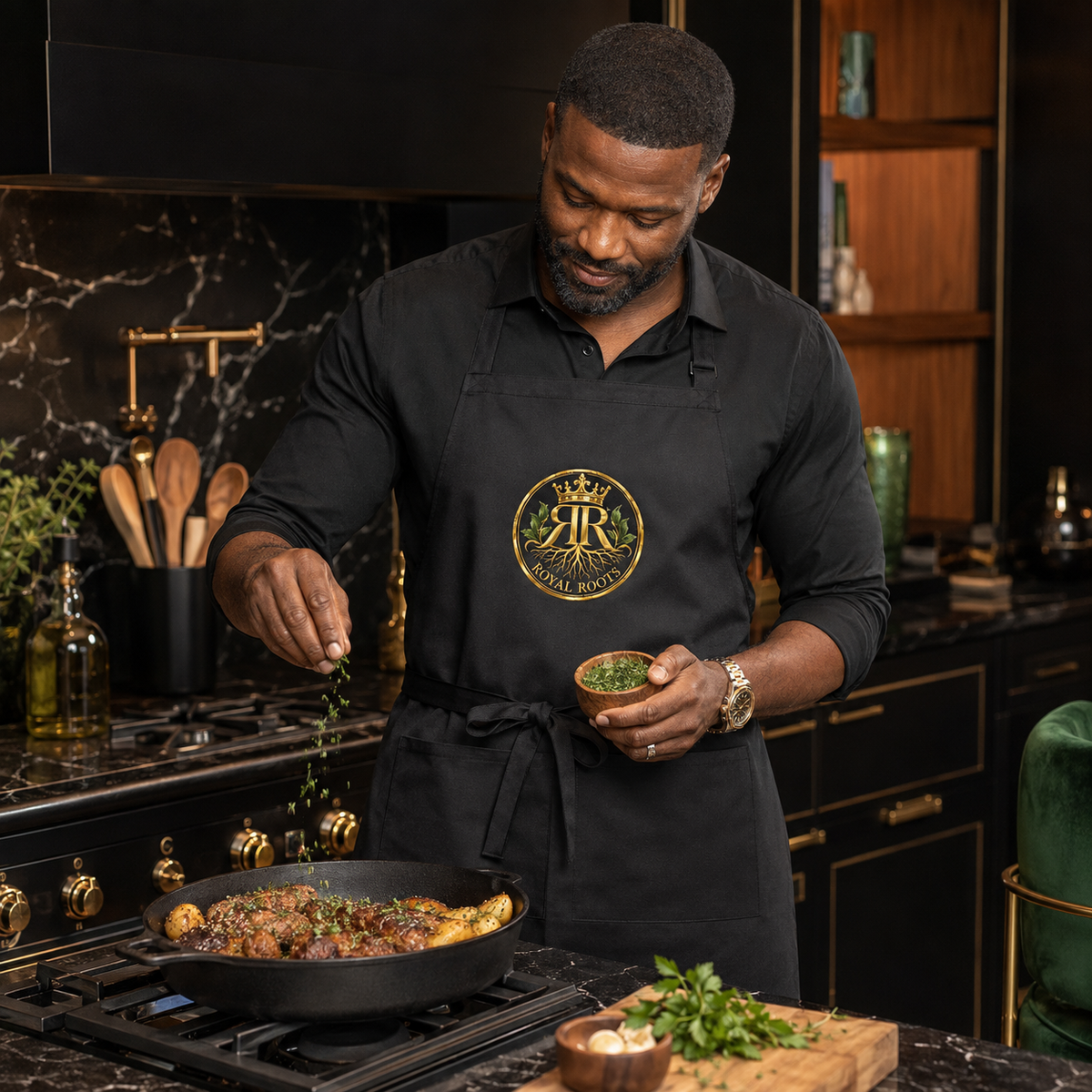 👑 Royal Roots™ Wellness Signature Embroidered Apron — Adjustable Luxury Kitchen Apron with Pockets