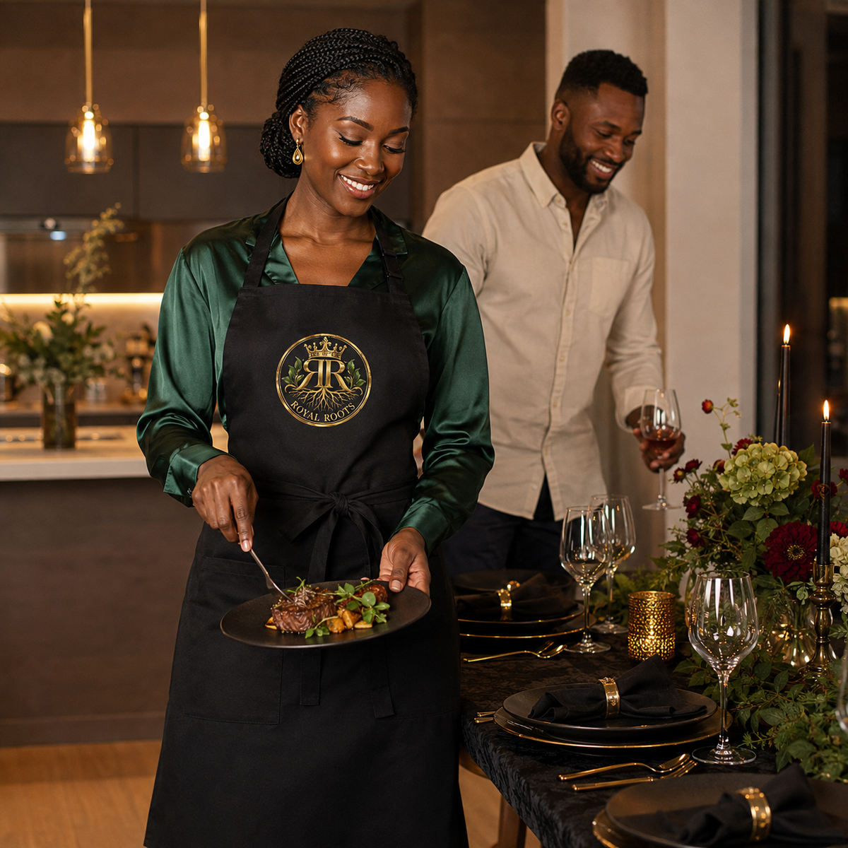 👑 Royal Roots™ Wellness Signature Embroidered Apron — Adjustable Luxury Kitchen Apron with Pockets