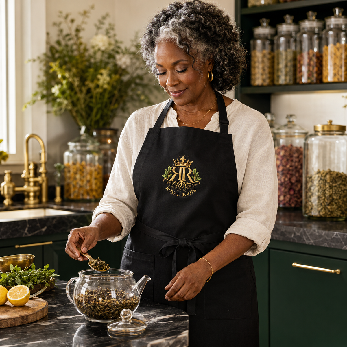 👑 Royal Roots™ Wellness Signature Embroidered Apron — Adjustable Luxury Kitchen Apron with Pockets