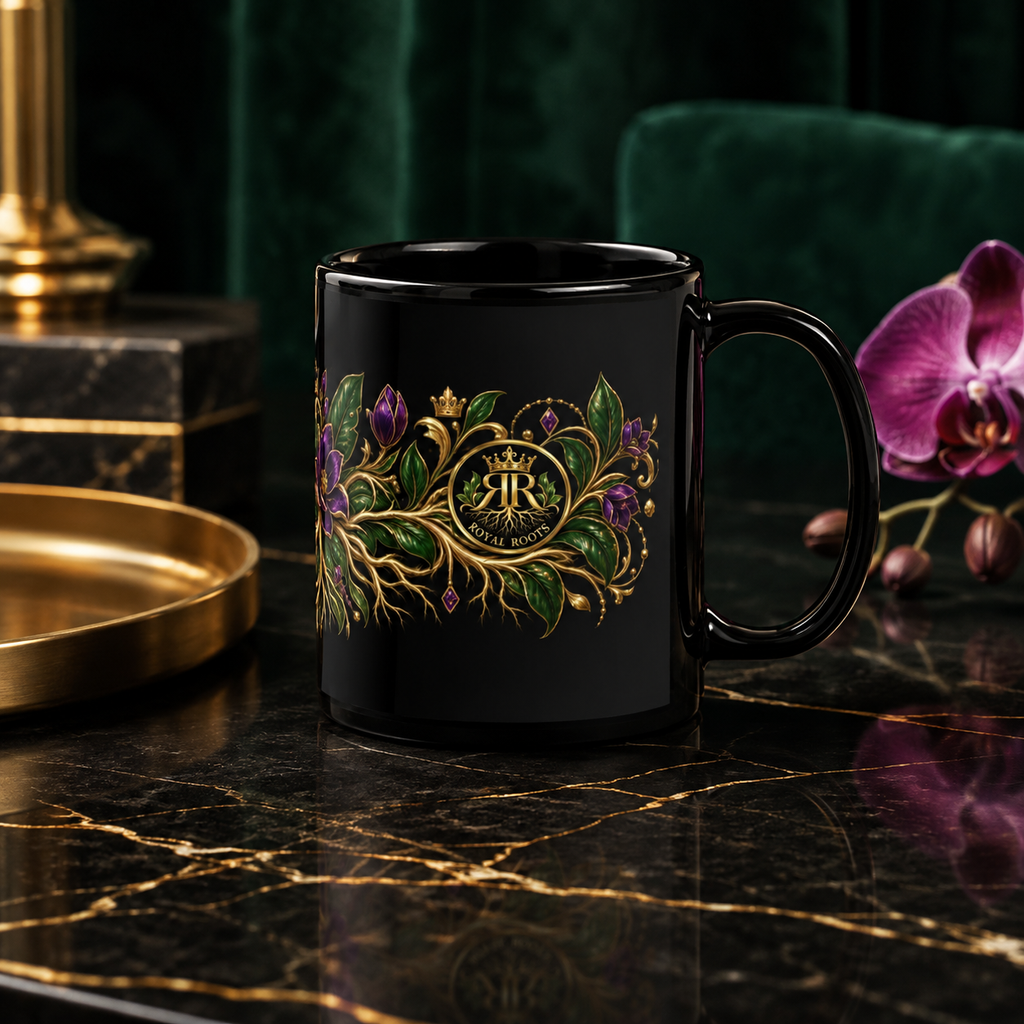 ☕ Royal Roots™ Crowned Ritual™ Black Glossy Mug — 11 oz & 15 oz