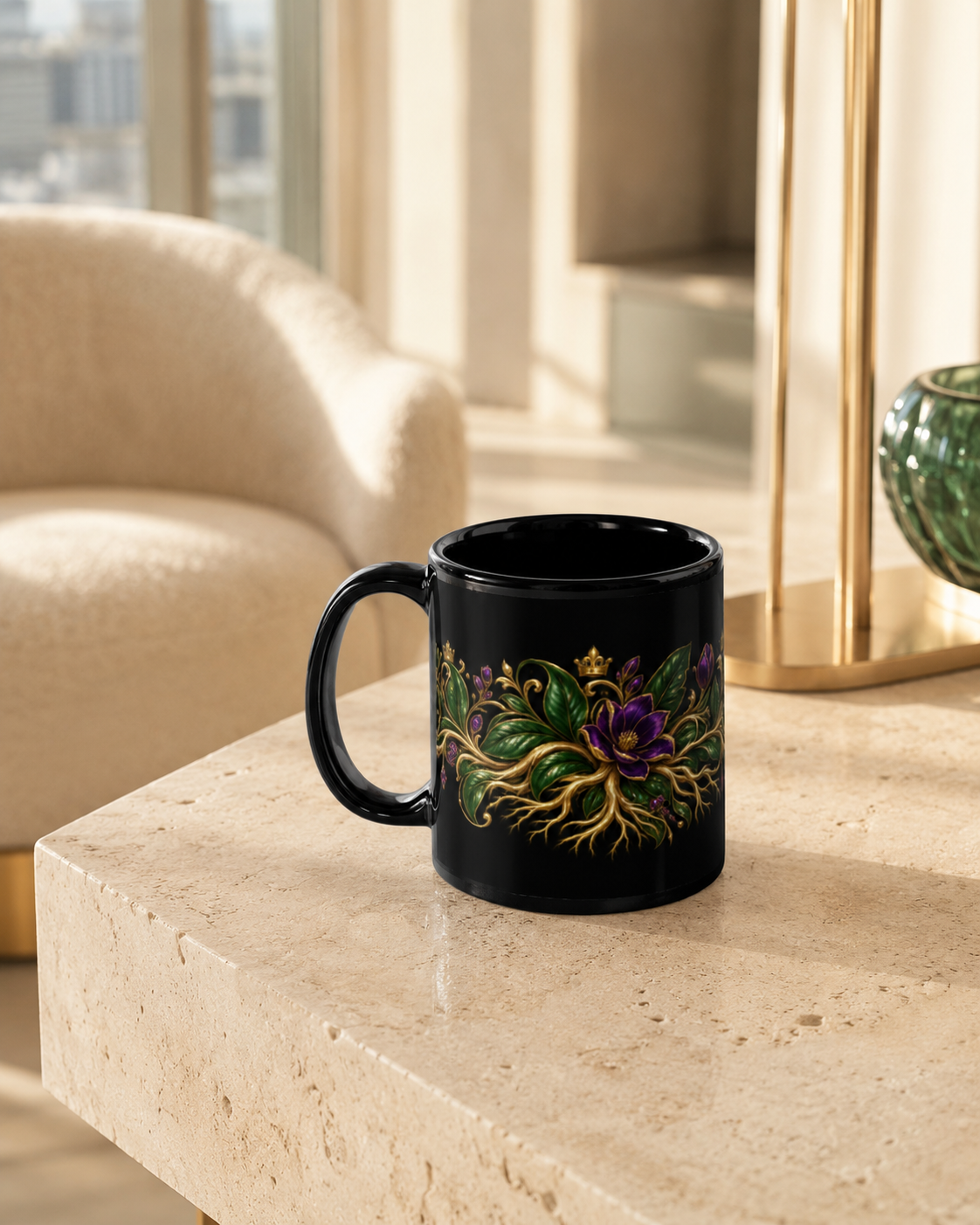 ☕ Royal Roots™ Crowned Ritual™ Black Glossy Mug — 11 oz & 15 oz